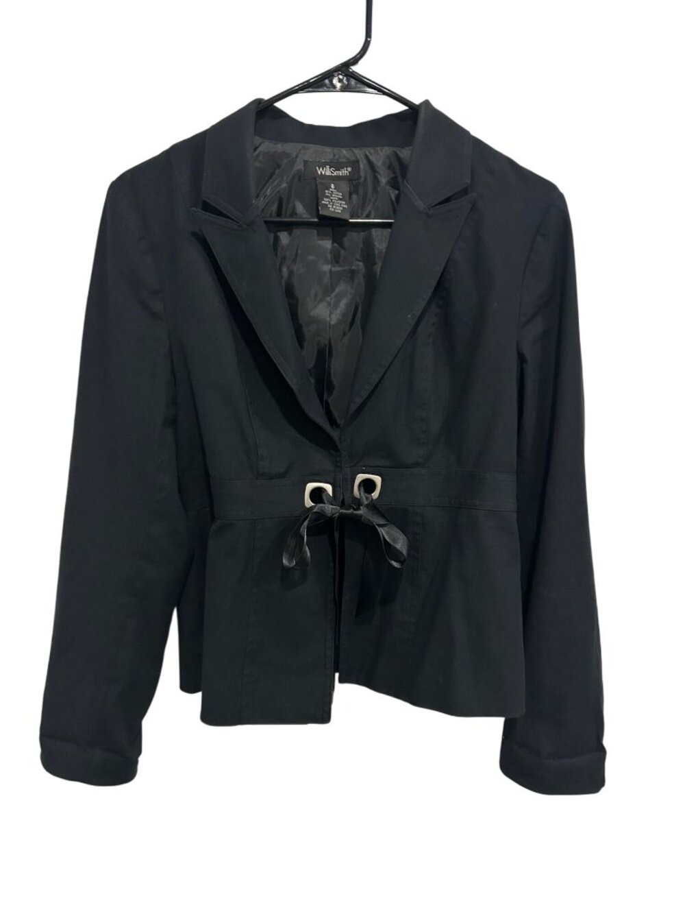 Willi Smith Black Buttoned Womens Blazer Ribbon Tie Size 8 Classic Modern Chic